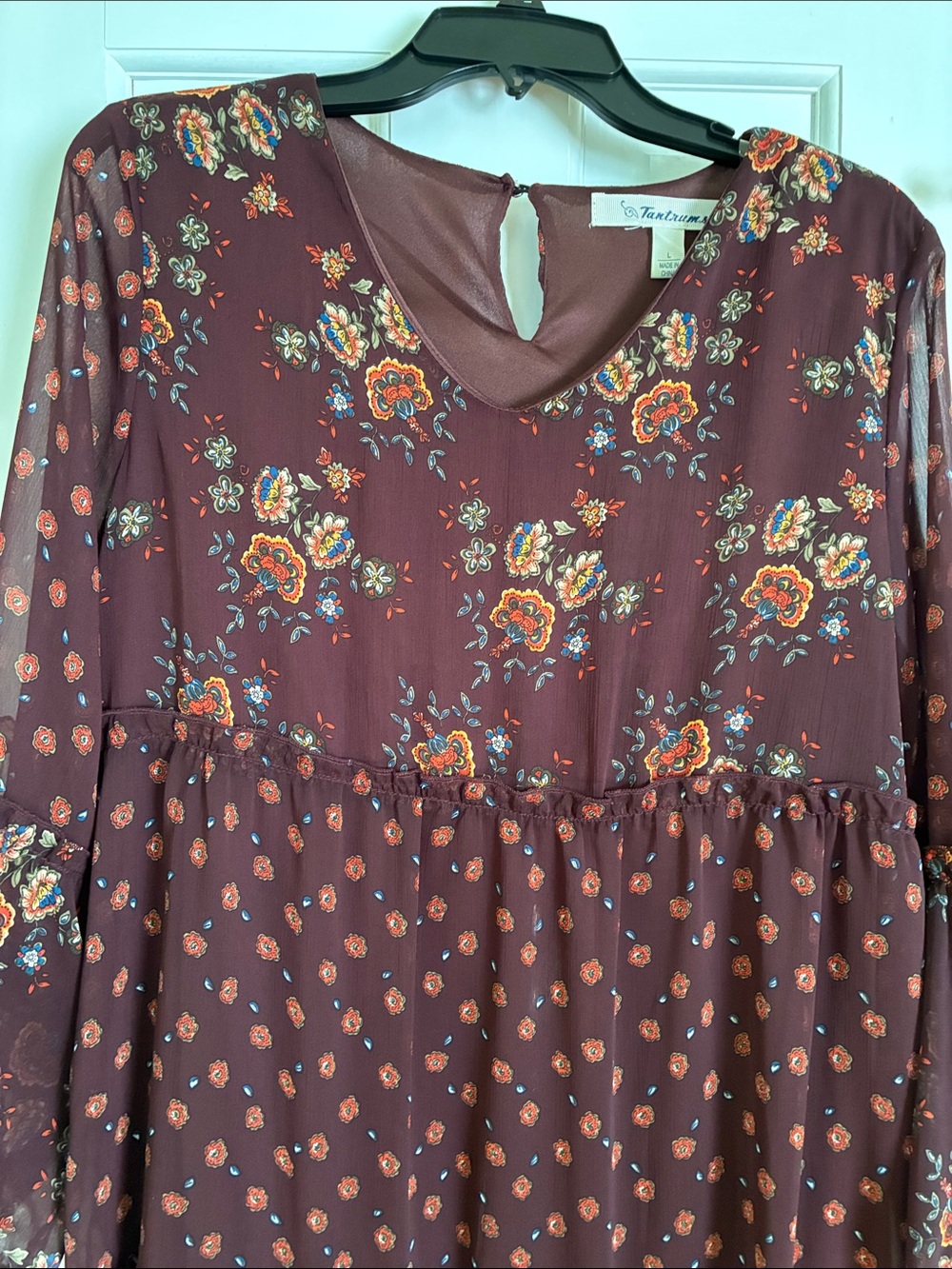 Floral Tiered Chiffon Dress - Burgundy. Size L - Picture 3 of 8